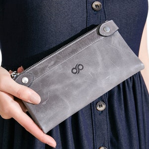 Carteira de couro com porta-cartões e porta-celular, cor cinza, corte especial e costurado, carteira com zíper para homens e mulheres