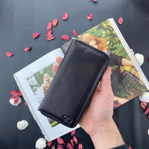Porta-cartões e carteira PRETO com compartimento para telefone/ 100% couro feito à mão/ carteira com zíper/ carteira masculina/ carteira feminina presente/ presente de aniversário