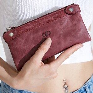 Portafoglio in pelle con porta carte e porta telefono Portafoglio con cerniera speciale tagliato e cucito color bordeaux per uomo e donna