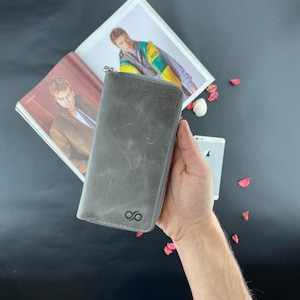 Porta-cartões e carteira GREY com compartimento para telefone/ 100% couro feito à mão/ Carteira com zíper/ Carteira masculina/ Carteira feminina presente/ Presente de aniversário