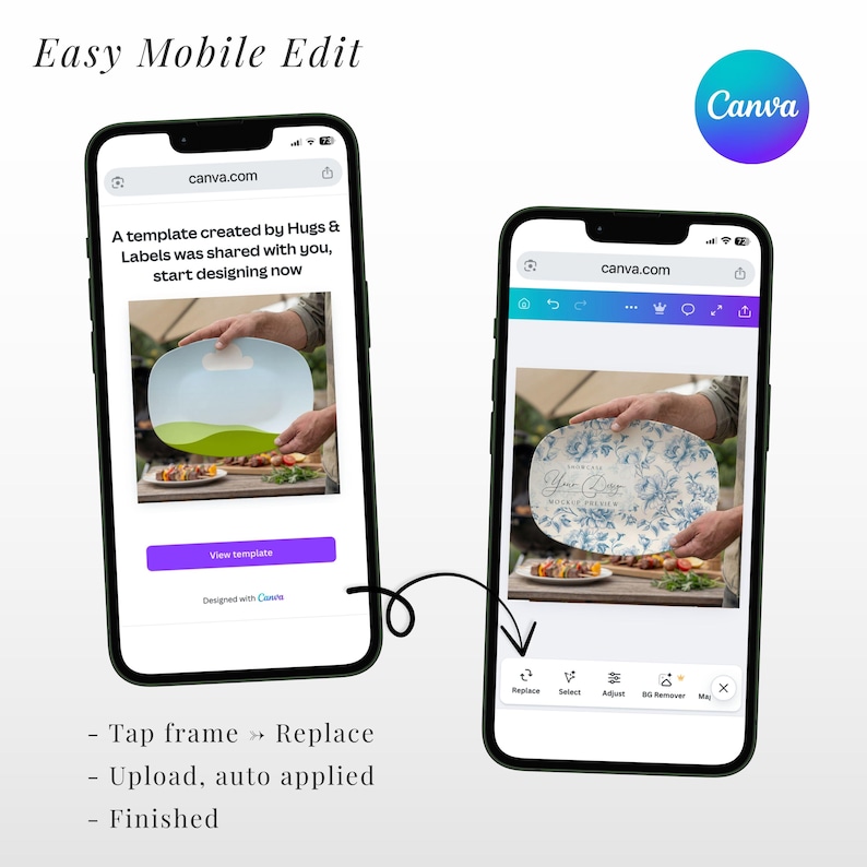 May include: Two smartphones displaying a Canva design interface. One shows a plate design with green and blue hues, the other a blue floral design. The text "Easy Mobile Edit" and Canva's logo are visible. Instructions at the bottom detail the editing process.