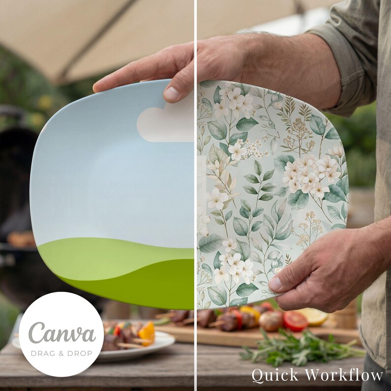 May include: A square plate with a sky and cloud design on one side and a floral pattern on the other. The plate is held by a person. The plate has a light blue, green, and white color scheme. The Canva logo is visible.