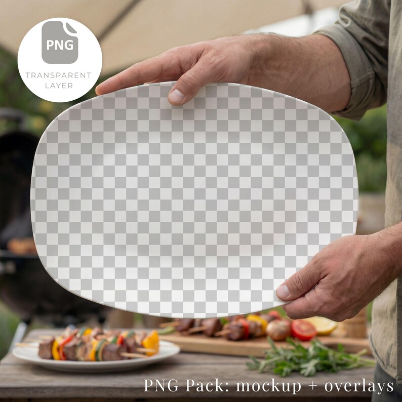 May include: A white, oval-shaped plate with a transparent checkered pattern is held by a person. The plate is empty, ready for food. The image includes a PNG logo with the text "Transparent Layer". The background shows a barbecue setting with food.