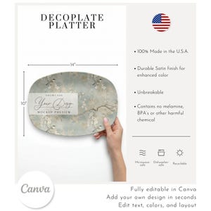 May include: An oval Decoplate Platter, 14 inches long and 10 inches wide, with a floral design in muted tones. The platter has a satin finish and is microwave and dishwasher safe. The text "Your Design" is visible.