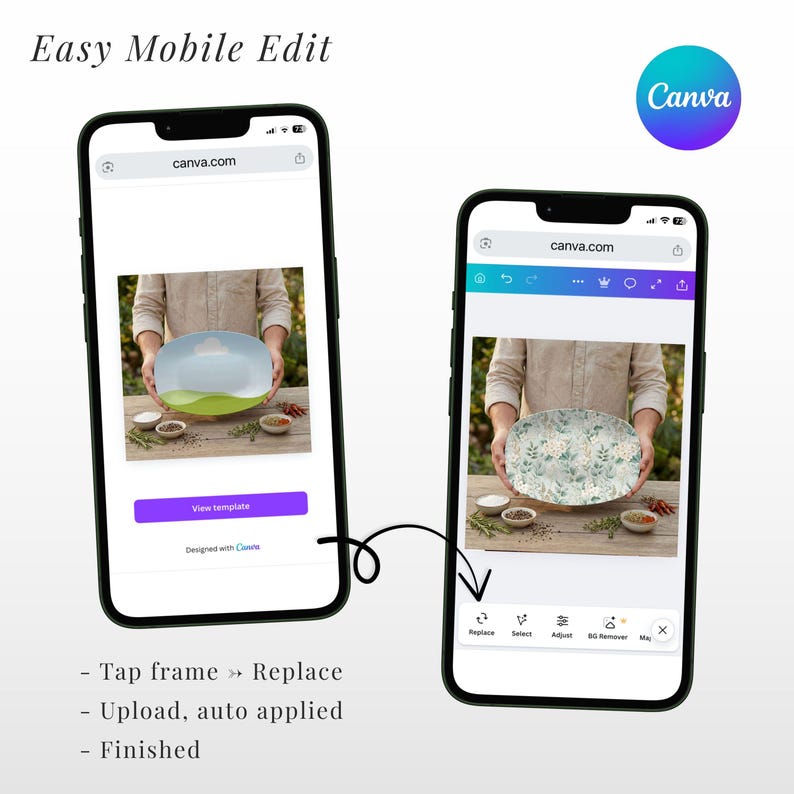 May include: Two smartphones displaying Canva.com interfaces. One shows a blue and green platter, the other a floral platter. Text reads "Easy Mobile Edit" and instructions: "Tap frame -> Replace, Upload, auto applied, Finished."