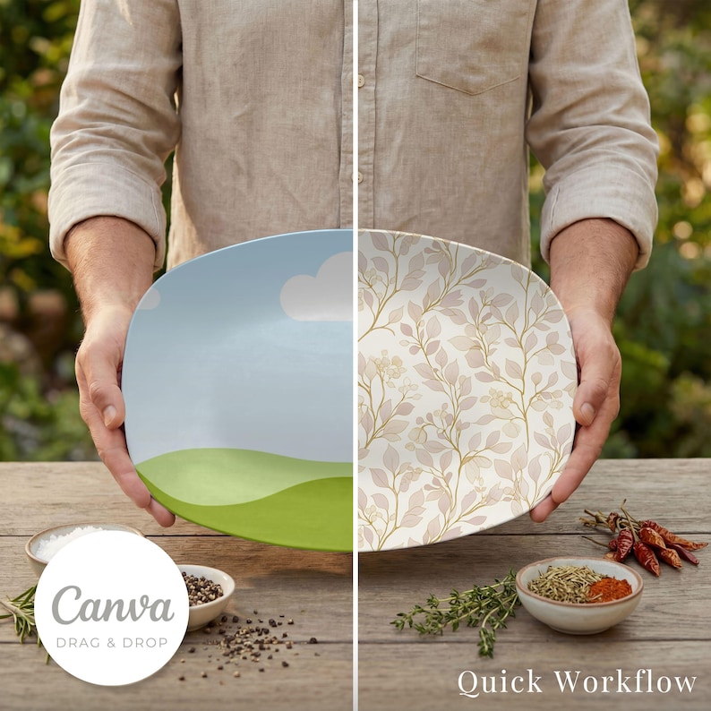 May include: A rectangular ceramic plate with a split design. One side features a sky and grassy hill scene, the other a floral pattern in beige and gold. The plate is held by a person. Text on the image says "Canva Drag & Drop" and "Quick Workflow".