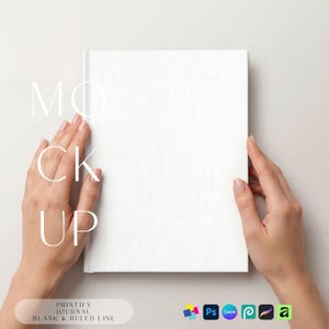 May include: A white journal with a blank cover is held by two hands. The word "MOCK UP" is overlaid on the image. The bottom of the image includes the text "PRINTIFY JOURNAL BLANK & RULED LINE" and several app icons.