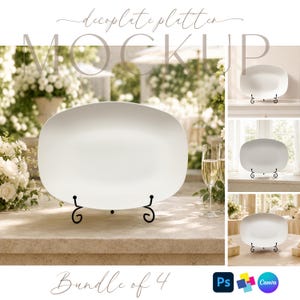 May include: A white oval platter displayed on a black metal scrollwork stand. The image includes the text "decoplate platter MOCKUP" and "Bundle of 4" with Adobe Photoshop and Canva logos. The platter is shown in four different settings.