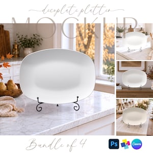 May include: A white oval platter displayed on a black metal stand. The image includes four variations of the platter in different kitchen settings, with the text "decoplate platter MOCKUP" at the top and "Bundle of 4" at the bottom of the image.