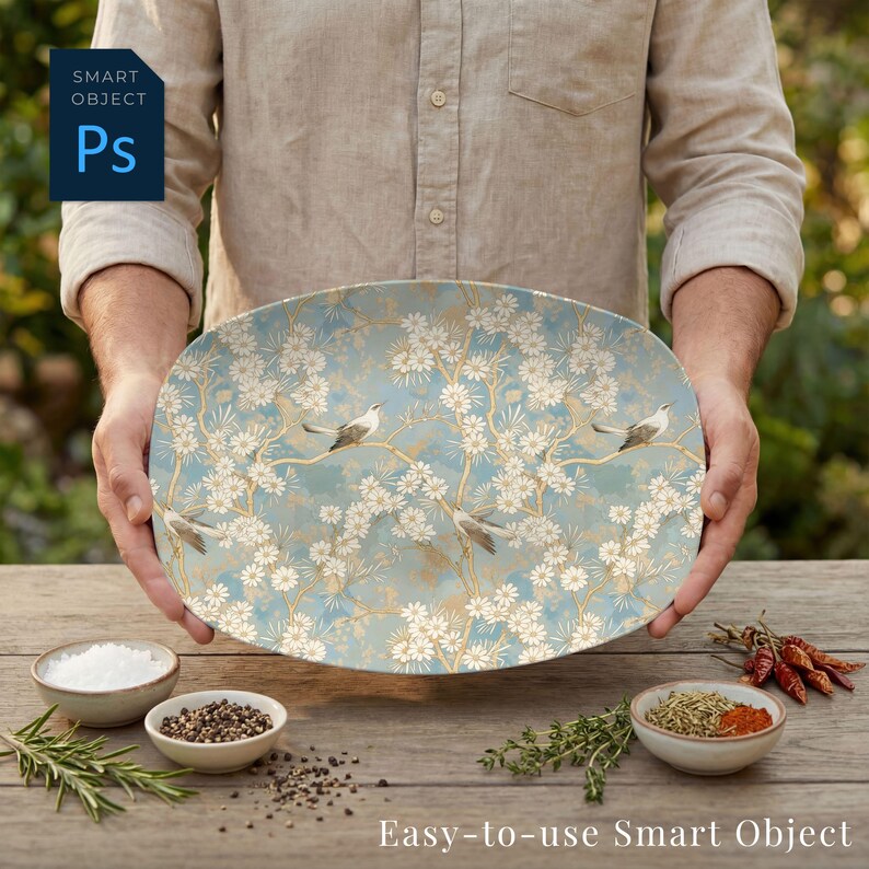 May include: An oval serving platter with a light blue background, featuring a floral and bird design. The platter is held by a person. The words "Easy-to-use Smart Object" are at the bottom left of the image.