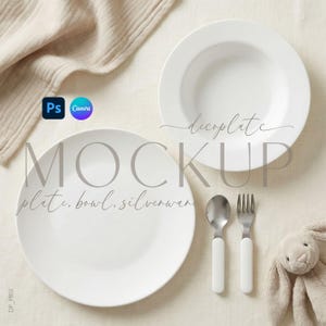Conjunto de Mockup de Utensílios de Mesa Infantis Decoplate | Prato, Tigela e Talheres | Canva e PSD