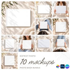 May include: A collection of ten white photo book mockups featuring various orientations and settings. The images display blank, rectangular hardbound books in neutral environments with soft lighting, shadows, and decorative elements.