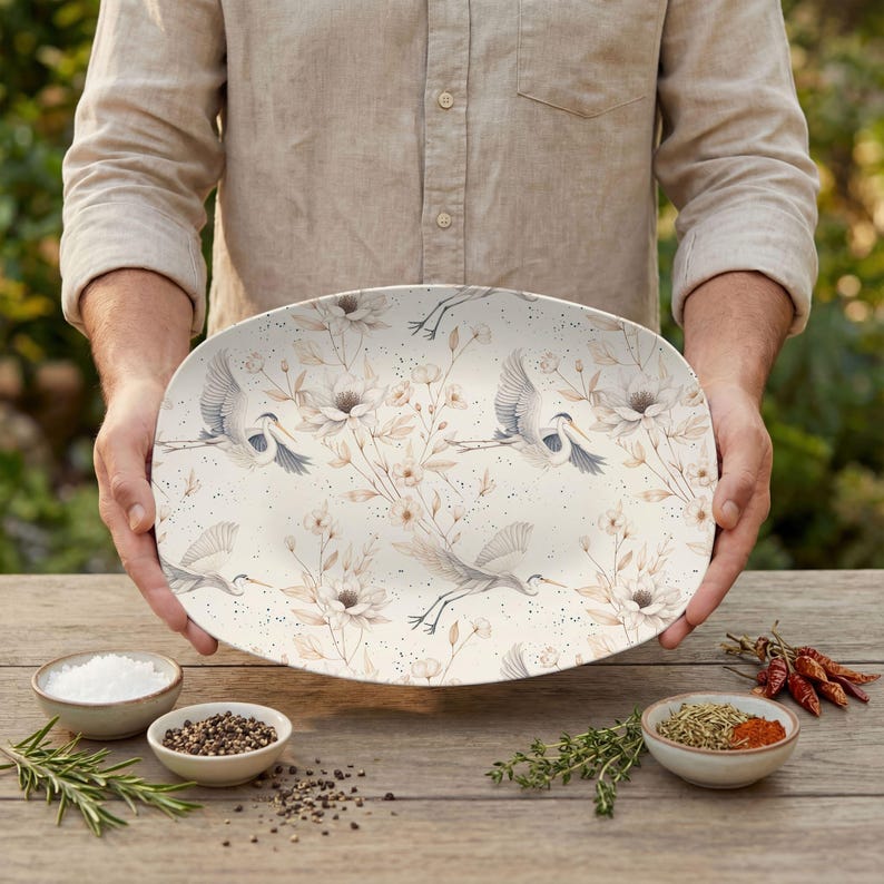 May include: An oval serving platter with a cream-colored background, adorned with a repeating pattern of cranes and floral elements in muted tones. The platter is held by a person, showcasing its design and shape.