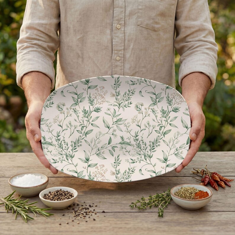 May include: An oval serving platter with a botanical design. The platter features a cream-colored background with a repeating pattern of green leaves and delicate white flowers. The platter is held over a wooden table with small bowls of spices.