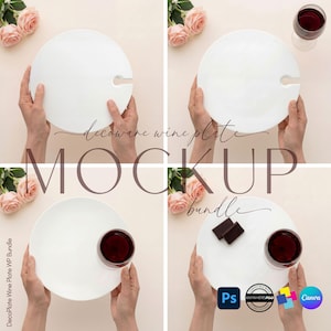 May include: A white, round wine plate with a cutout for a wine glass. The image shows the plate held by hands, with a glass of red wine and chocolate squares. The text "decoware wine plate MOCKUP bundle" is visible.