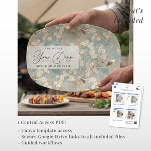 May include: An oval-shaped serving platter with a floral and bird design in shades of blue, beige, and gold is held by a person. The platter has the text "SHOWCASE Your Design MOCKUP PREVIEW". A document with images is in the lower right.