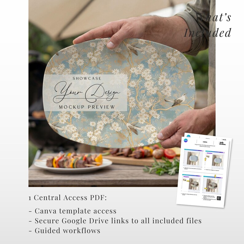May include: An oval-shaped serving platter with a floral and bird design in shades of blue, beige, and gold is held by a person. The platter has the text "SHOWCASE Your Design MOCKUP PREVIEW". A document with images is in the lower right.