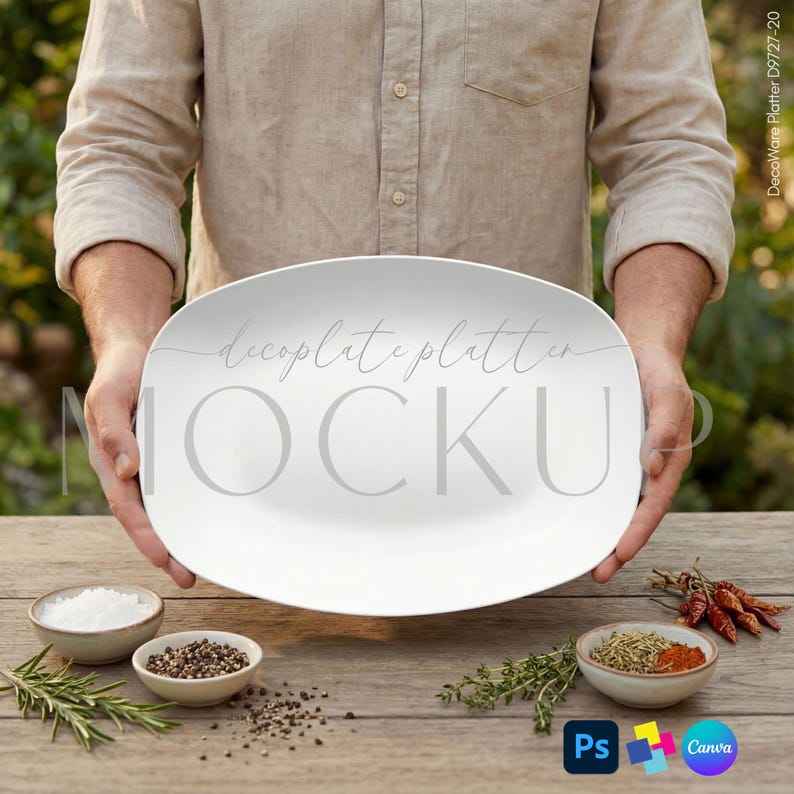 May include: A large, white oval platter held by a person. The platter has the text "decoplate platter MOCKUP" in a light gray script. Small bowls of salt, pepper, and spices are on a wooden table.