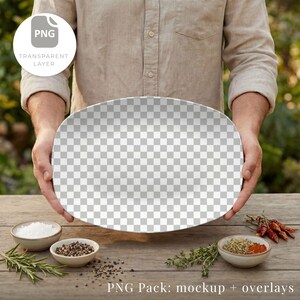 May include: An oval-shaped plate with a transparent checkered design is held by a person. Small bowls of salt, pepper, and spices are arranged on a wooden surface, along with sprigs of rosemary and thyme. The image includes the text "PNG Pack: mockup + overlays."