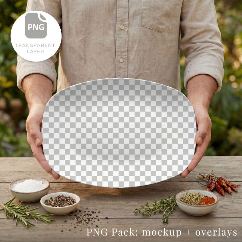 May include: An oval-shaped plate with a transparent checkered design is held by a person. Small bowls of salt, pepper, and spices are arranged on a wooden surface, along with sprigs of rosemary and thyme. The image includes the text "PNG Pack: mockup + overlays."