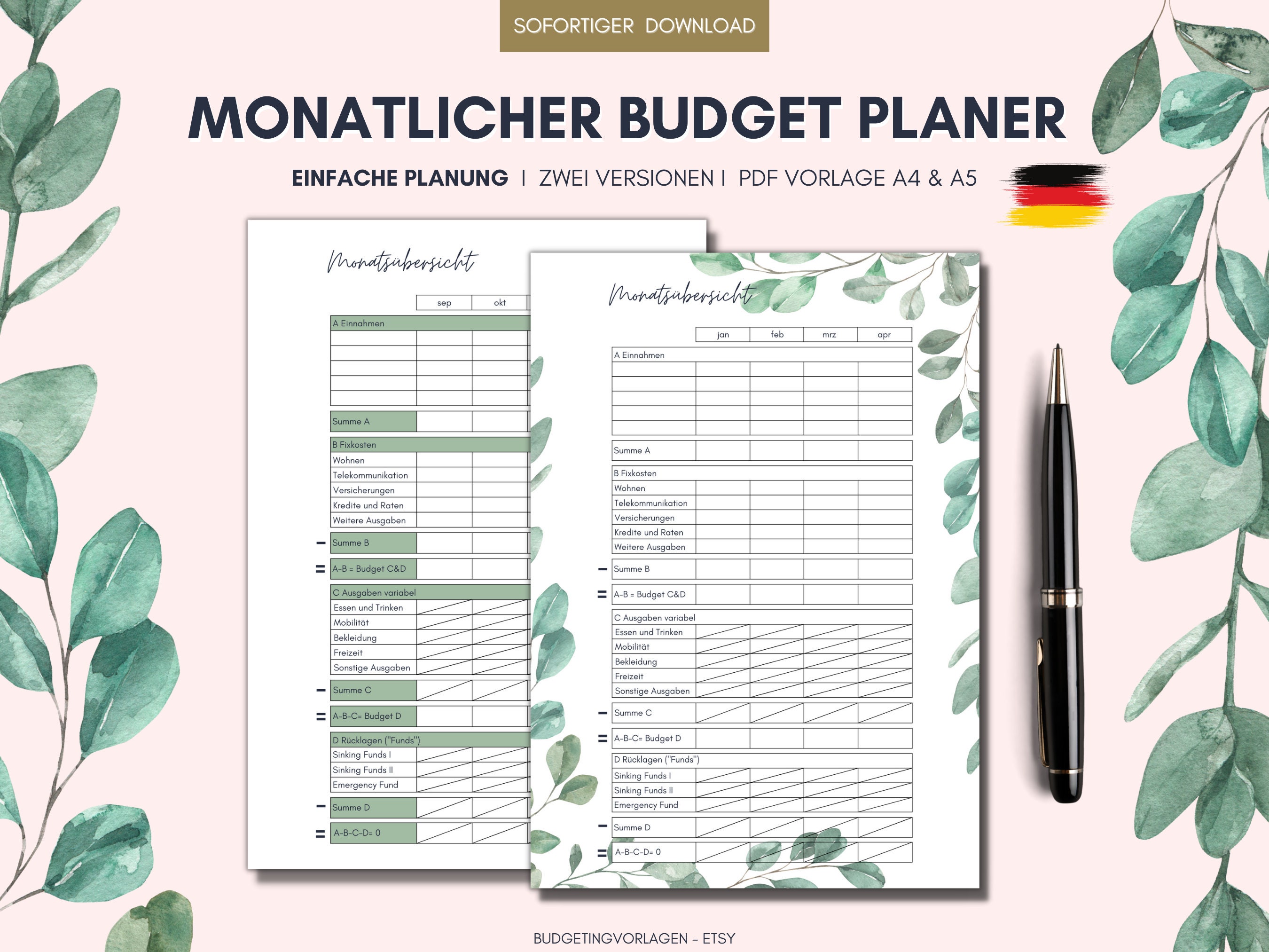 Budget planer deutsch fixkosten budgetplaner deutsch budget etsy de