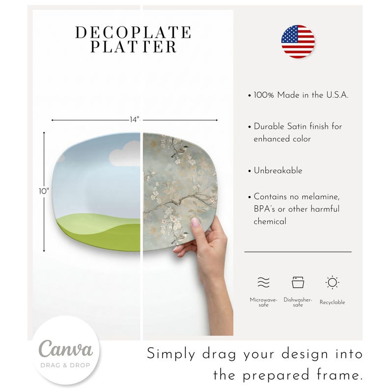 May include: A rectangular Decoplate Platter, 14 inches long and 10 inches wide, with a split design. One side features a sky and grassy hill, the other a floral pattern. The platter is made in the U.S.A.