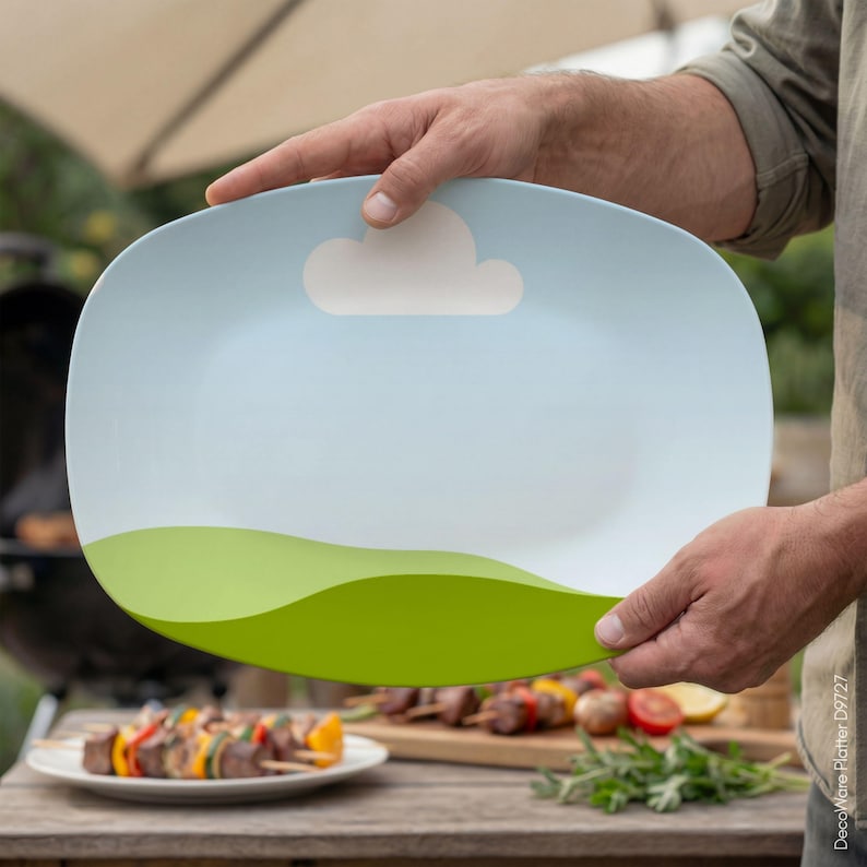 May include: A rectangular serving platter with a sky blue background and a green landscape design. A white cloud graphic is in the upper portion of the platter. The platter is being held by a person.