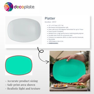 May include: A teal oval platter with a white stitched border is held by a person. The platter is 10" x 14" and 0.75" tall. The platter is microwave and dishwasher safe, oven-safe up to 250 degrees Fahrenheit, and made in the U.S.A.