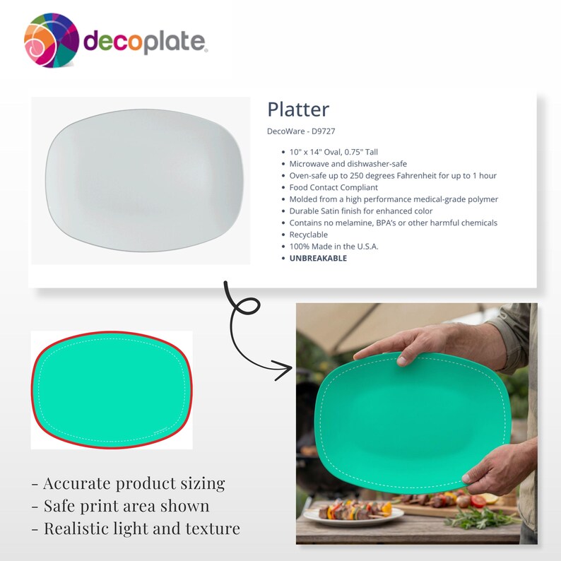 May include: A teal oval platter with a white stitched border is held by a person. The platter is 10" x 14" and 0.75" tall. The platter is microwave and dishwasher safe, oven-safe up to 250 degrees Fahrenheit, and made in the U.S.A.