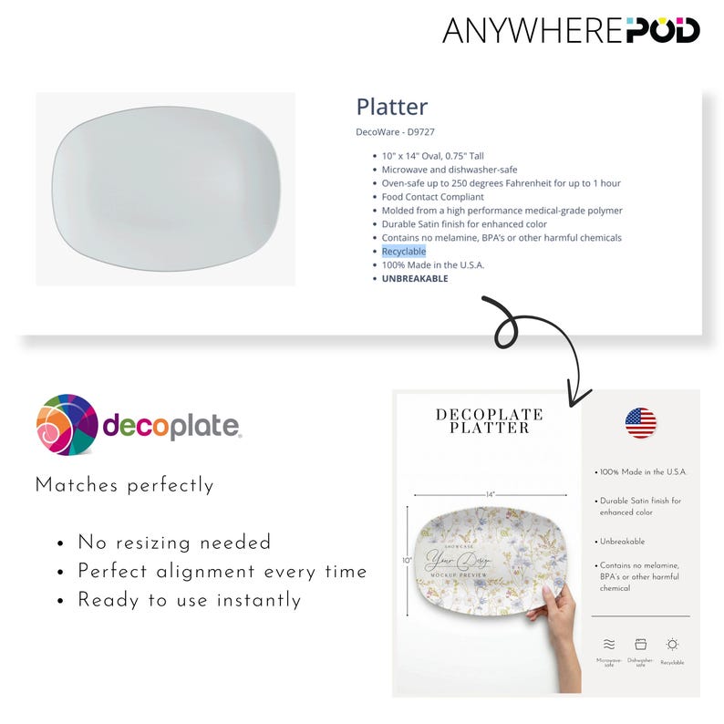 May include: A white oval platter, 10 inches by 14 inches, with a floral design and the text "Your Cozy Mockup Preview." The platter is microwave and dishwasher safe, oven-safe up to 250 degrees Fahrenheit, and made in the U.S.A.