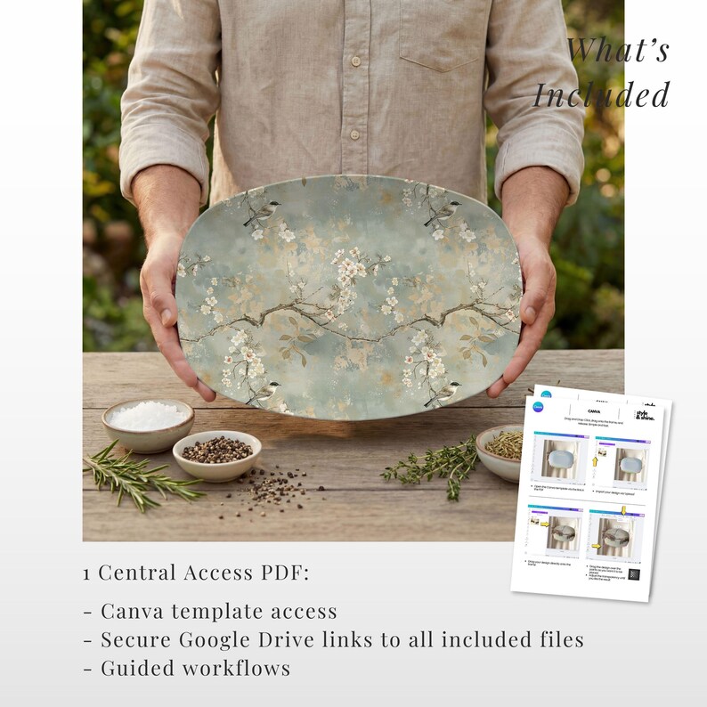 May include: An oval serving platter with a floral design in shades of blue, green, and beige. The platter is held by a person. The image also includes small bowls of spices and a document with the text "What's Included".