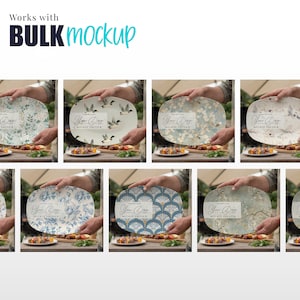 May include: A collection of oval-shaped plates with various designs, including floral, duck, and geometric patterns. Each plate is held up, showcasing the designs. The text "Works with BULK mockup" is at the top, and each plate has a "Your Day" mockup preview.