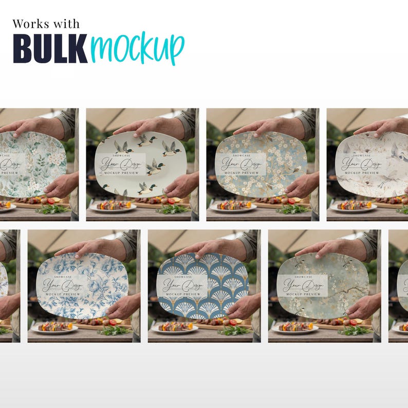 May include: A collection of oval-shaped plates with various designs, including floral, duck, and geometric patterns. Each plate is held up, showcasing the designs. The text "Works with BULK mockup" is at the top, and each plate has a "Your Day" mockup preview.