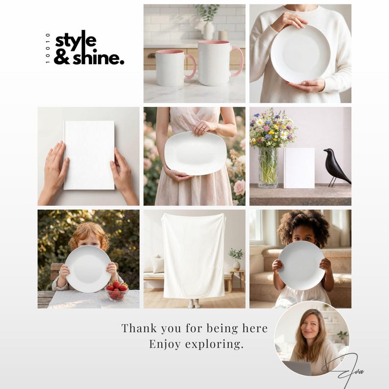 May include: A collage of lifestyle images featuring white mugs with pink interiors, white plates, a white blanket, and a blank white canvas. The text "style & shine" is visible. The bottom of the image includes the text "Thank you for being here. Enjoy exploring."