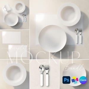May include: A dinnerware mockup bundle featuring white plates, bowls, a mug, and silverware with white handles. The set includes various arrangements of these items on a plain surface, with overlay text reading Decoplate MOCKUP Bundle.