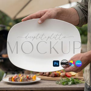 May include: A white, oval-shaped serving platter held by a person. The platter has the text "decoplate platter MOCKUP" in gray. The background includes a grill, food, and the logos for Photoshop, Anywherepod, and Canva.