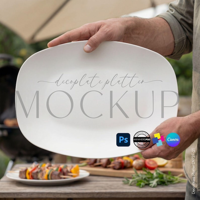 May include: A white, oval-shaped serving platter held by a person. The platter has the text "decoplate platter MOCKUP" in gray. The background includes a grill, food, and the logos for Photoshop, Anywherepod, and Canva.