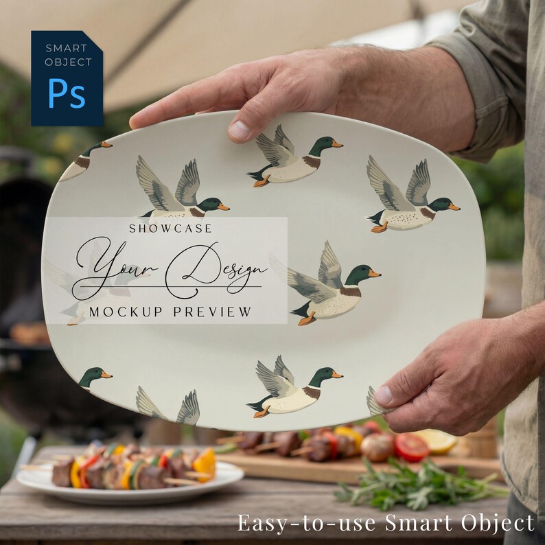 May include: A rectangular serving platter with a duck design. The platter is held by a person. The design features illustrations of ducks in flight. The platter has the text "SHOWCASE Your Design MOCKUP PREVIEW" and "Easy-to-use Smart Object".