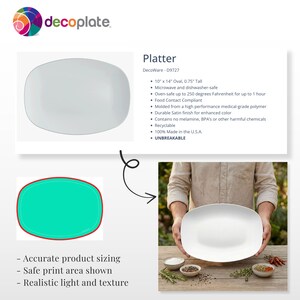 May include: A white oval platter, 10" x 14" and 0.75" tall, held by a person. The platter is microwave and dishwasher safe, oven-safe up to 250 degrees Fahrenheit, and made in the U.S.A. The platter is unbreakable.