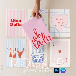 Könnte beinhalten: Sechs Kunstdrucke mit verschiedenen Designs und Texten. Ein rosa Druck sagt "Oh La La" in roter Schrift. Andere Drucke zeigen Sätze wie "Ciao Bella" und "In my happy girl era".
