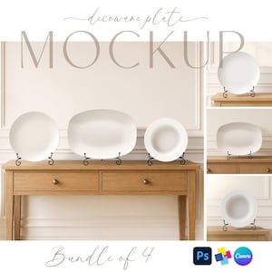 May include: A digital mockup bundle of four white ceramic plates displayed on black metal stands. The set includes a round dinner plate, an oval platter, and a deep bowl, presented on a wooden console table with the text decoware plate MOCKUP.