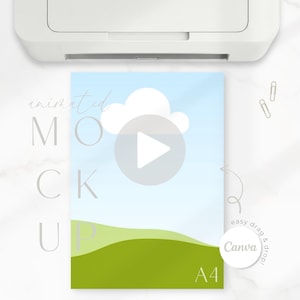 May include: A4 paper mockup with a landscape design featuring a blue sky, white clouds, and green hills. The words "animated MOCK UP" are displayed on the left side. A white printer is at the top.