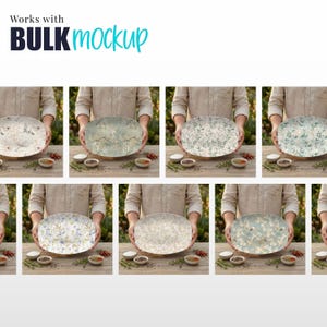 May include: An assortment of oval serving platters with floral and nature-inspired designs. Each platter features a unique pattern in shades of green, blue, and beige. The platters are displayed on a wooden table with small bowls of spices.