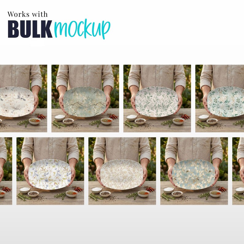 May include: An assortment of oval serving platters with floral and nature-inspired designs. Each platter features a unique pattern in shades of green, blue, and beige. The platters are displayed on a wooden table with small bowls of spices.