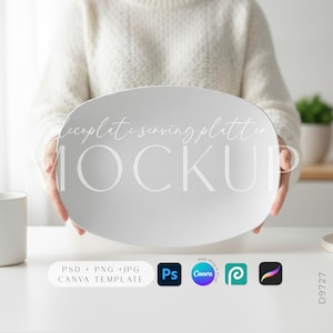 May include: A white, oval-shaped serving platter mockup held by a person wearing a white sweater. The platter has the word "MOCKUP" in large, light gray letters. Below the platter are icons for PSD, PNG, JPG, and Canva template.