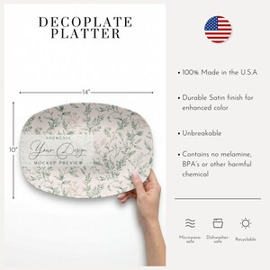 May include: Oval Decoplate platter, 14 inches long and 10 inches wide, with a floral design in green and cream. The text "Your Design" and "Mockup Preview" are visible. The platter is microwave and dishwasher safe, and recyclable.