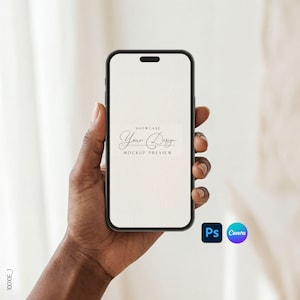 May include: A black smartphone held in a hand, displaying a mockup design. The screen features the text "SHOWCASE Your Design MOCKUP PREVIEW" in elegant script. The bottom right corner shows the Photoshop and Canva logos.