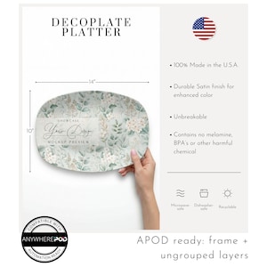 May include: An oval Decoplate platter, 14 inches long and 10 inches wide, with a floral design in shades of green, white, and beige. The platter has the text "Your Design" and "Mockup Preview". It is microwave and dishwasher safe.