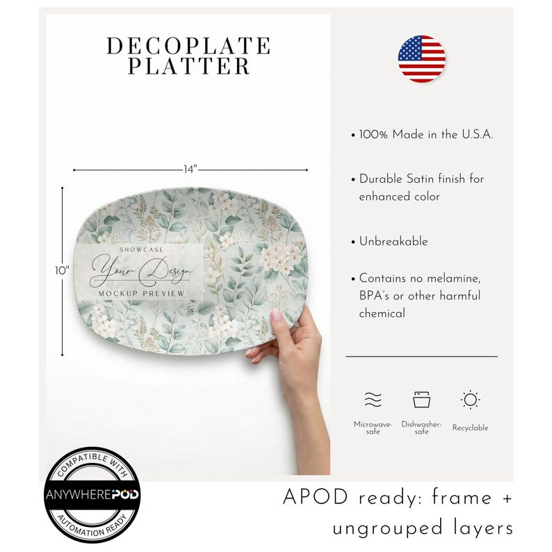 May include: An oval Decoplate platter, 14 inches long and 10 inches wide, with a floral design in shades of green, white, and beige. The platter has the text "Your Design" and "Mockup Preview". It is microwave and dishwasher safe.
