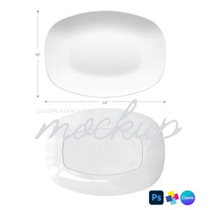 May include: A white oval platter with a smooth surface. The platter is labeled as a Decoplate Platter mockup. Dimension lines indicate a height of 10 inches and a width of 14 inches. The image includes small icons for Photoshop and Canva software.